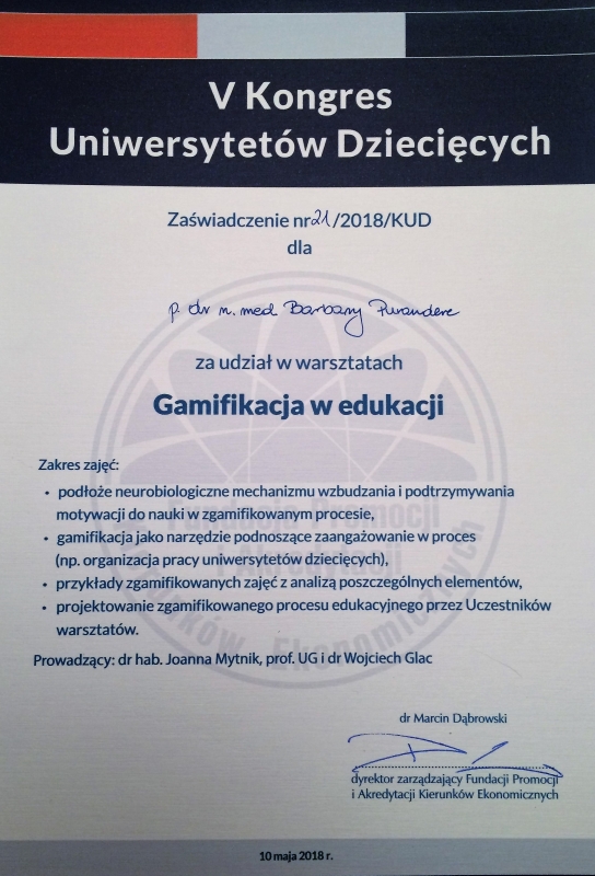 Zdjęcie przedstawia Zaświadczenie nr 21/2018 KUD za udział w warsztatach Gamifikacja w edukacji