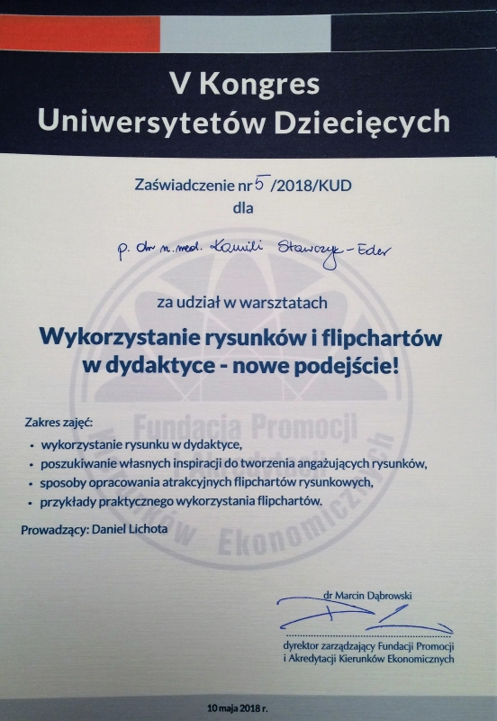 Zdjęcie przedstawia zaświadczenie nr 5/ 2018/KUD za udział w warsztatach Wykorzystanie rysunków i flipchartów w dydaktyce- nowe podejście!